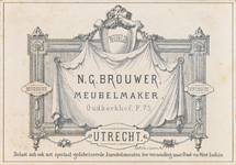 710534 Visitekaartje van N.G. Brouwer, Meubelmaker, Oudkerkhof F. 75 te Utrecht. Met een litho van een opgetuigd ...